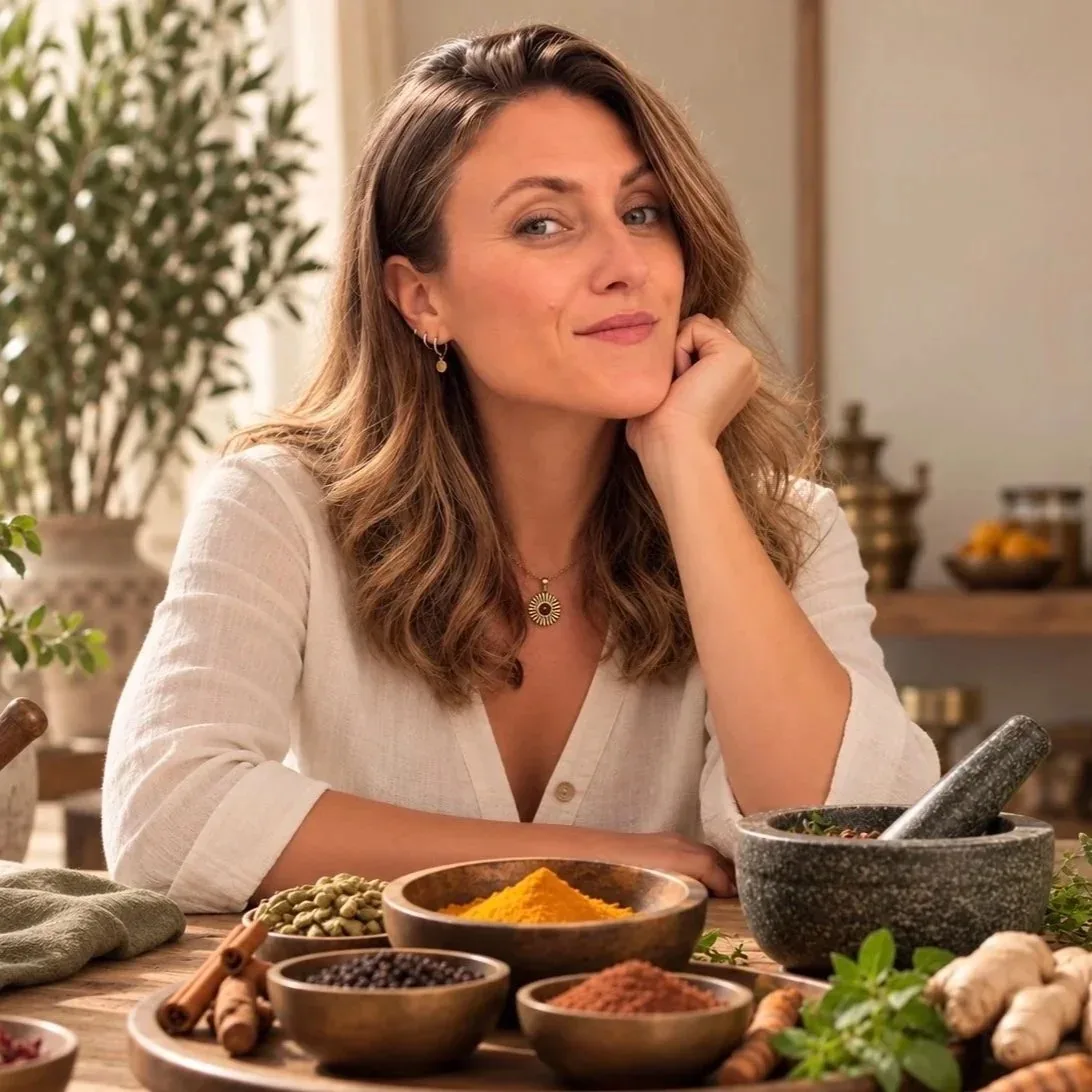 Alina Matzek mit ayurvedischen Gewürzen und Kräutern