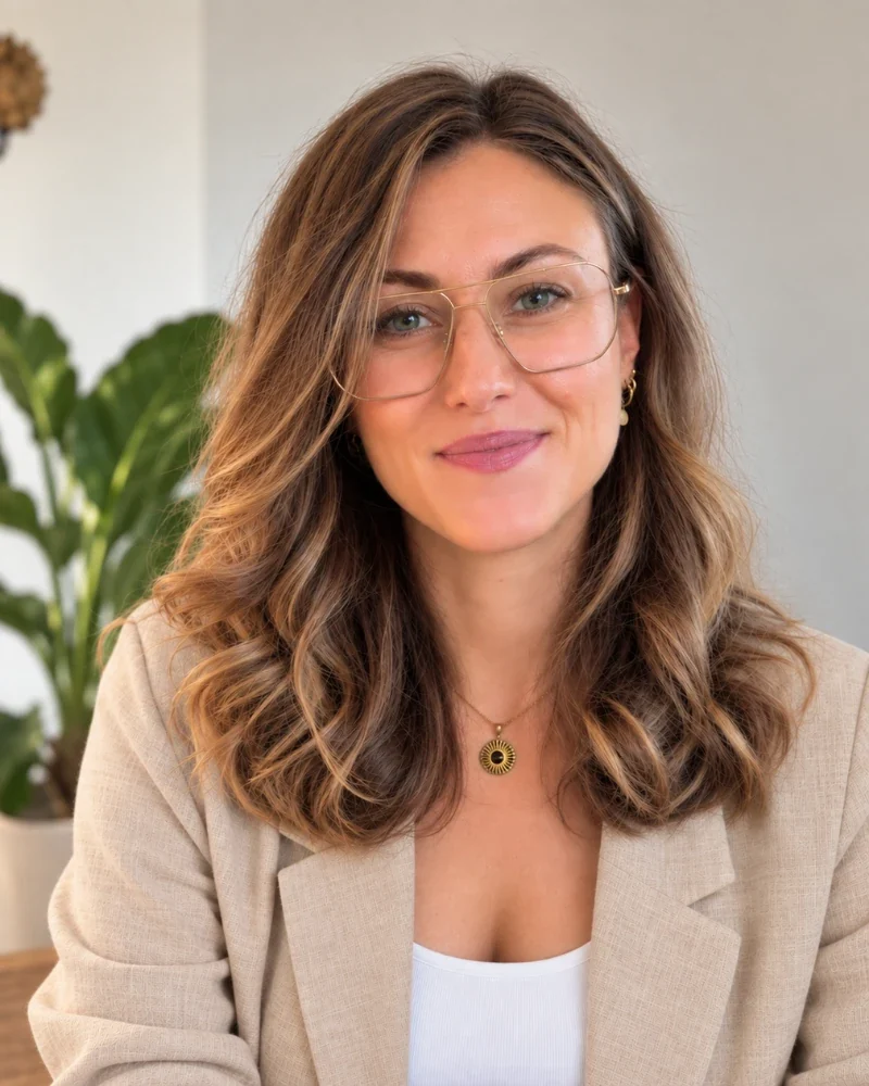 Alina Matzek, Ayurveda Ernährungs- und Gesundheitsberaterin, im beigen Blazer mit Brille