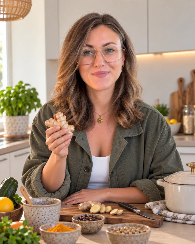 Alina Matzek in grüner Jacke hält frischen Ingwer in der Hand, davor Gewürze, Gemüse und ein Schneidebrett in einer hellen Küche